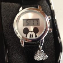 Rare Disney Accutime Mickey Mouse Lcd Ladies Wristwatch Wrist Watch With Charm