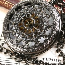 Retro Gold Numrals Pendant Chain Skeleton Mechanical Pocket Gift Watch F041