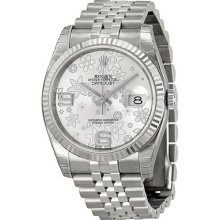 Rolex Datejust Silver Floral Dial White Gold Bezel Stainless Steel Ladies Watch