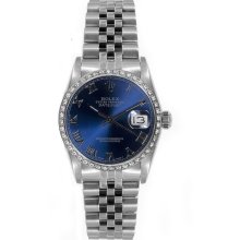 Rolex Women's Datejust Midsize Stainless Steel Custom Diamond Bezel Blue Roman Dial