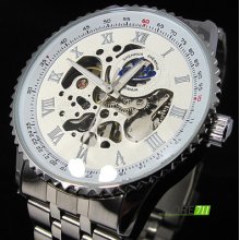 Roman Hollow Skeleton Dial Stainless Steel Automatic Mechanical Men Wrist Watch