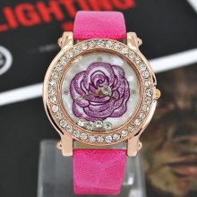 Rose Flower Analog Dangling Crystal Stones Ladies Synthetic Leather Wrist Watch