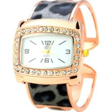 Rose Gold Bracelet Watch Women Rhinstone Diamond Crystal Bezel Pu Leather