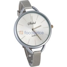 Round Dial Alloy Case Slim Steel Band Women's Wrist Watch (White)