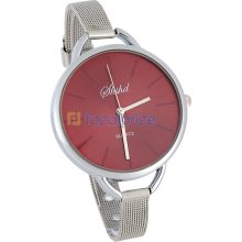 Round Dial Alloy Case Slim Steel Band Women's Wrist Watch (Red)