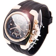 Round Dial Golden Case Quartz Hours Analog Silicone Wrist Watch 2 Colors V6