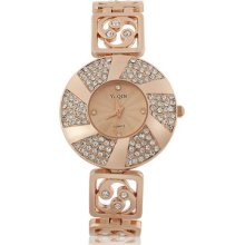 Round Pave Set Windmill Dial Rose Gold Plate Hollow Chain Women's Bracelet Watch