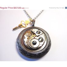 Sale 25% Off Steampunk Large Antiqued Silver Locket Necklace With Pocket Watch Key And Grey Crystals