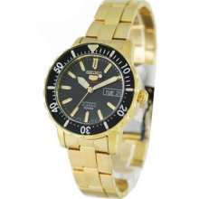 Seiko 5 Gold Tone Stainless Steel Automatic Black Dial 24 Jewels