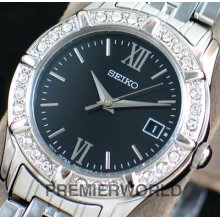 Seiko Ladies Swarovski Crystals Black Dial Steel Watch Sxde45p1