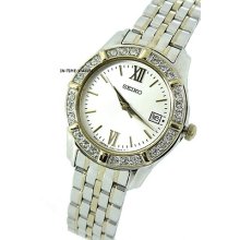 Seiko Lady Swarovski Crystal Quartz Japan Mvt. 2 Tone Stainless Steel Sxde50