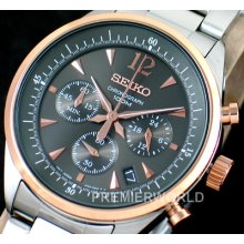 Seiko Men Chronograph 100m Rose Gold Tone Bezel Steel Watch Ssb068p1