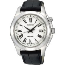 Seiko Men's Kinetic Watch Black Leather Band Silver Tone Dial SKA467P