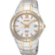 Seiko Sne088 Mens Two Tone Stainless Steel Solar Quartz Link Bracelet White Dial Watch