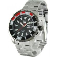 Seiko SRP207 Mens Stainless Steel Seiko 5 Sports Automatic Black Dial Day Date Red and Black Bezel