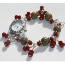 Silver Color Red and Green Unakite Watch Bracelet with Red Crystal Charms