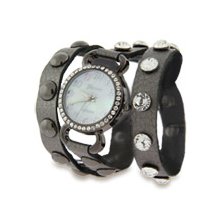 Silver Leather with CZ Studs Wrap Around Watch