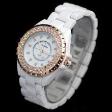 Sinobi White Ceramic Band Rose Golden Case Women Lady Bling Crystal Wrist Watch