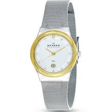 Skagen Ladies Denmark Twisted Topring White Dial Steel Mesh Band Watch 880lssg