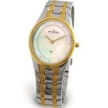 Skagen Ladies Steel Gold Band With Mother Of Pearl Dial 433sgxg1