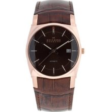 Skagen Men Leather Watch Japanese Quartz Movement Brown Dial Stainless Steel