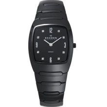 Skagen Nice Polished Black Rectangle Ceramic Men's Watch W/ Date & Cystal Index