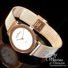 Skagen - White Dial Ladies Rose Gold Plated Mesh Bracelet Watch - 358srrd