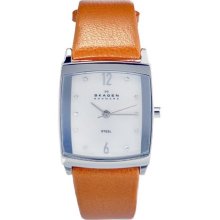 Skagen Women's Steel Orange Leather Strap Watch ...