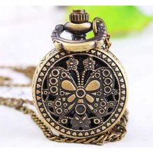 Small, lovely butterfly hollow out vintage Bronze pocket watch necklace pendant, can open, Charm handmand DIY accessories