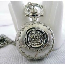 Small Retro Carving Rugosa Rose Quartz Pocket Watch With White Steel Color 689