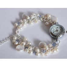 Something blue, bridal watch bracelet, Ivory freshwater pearl with pale blue Swarovski crystals.