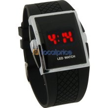 Square Stainless Steel Back Men's Digital Electronic LED Watch Red Light (Black)