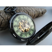 Steampunk Black Archaize Mechanical Pocket Watch Necklace - Glow in the dark - Steampunk - Victorian Era - Item MPW-133N