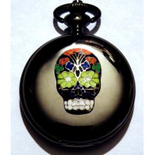 Steampunk Black Gun Metal and Black Flower Skull enamel Day of the Dead Pocket Watch Necklace or Chain Fob