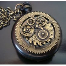 Steampunk Geared Pocket Watch Locket, Nice Vintage Ox Patina, Quality USA Locket, 32 Inch Brass ox Chain