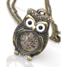 Steampunk - Time Flys MR OWL Pendant- Jeweled Watch Movement - Gears and Cogs - Antique Brass - Neo Victorian - By GlazedBlackCherry-