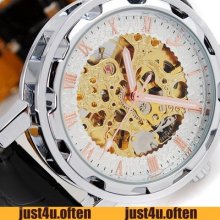 Steel Skeleton Case Elegant Gentle Mens Analog Wristwatch Automatic Mechanical