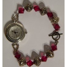 Sterling Silver and Red Swarovski Crystal Watch