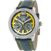 Stuhrling Original 275.331565 Mens Large Big Date Automaticandamp;#44; Stainless Steel Case with Black and Yellow Dial and Black Genuine Leather Strap