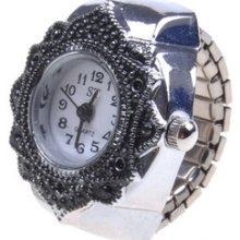 Stylish Girls Tibet Silver Petal Flower Quartz Finger Ring Watch