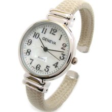 Tan/beige Silver Snake Style Band Slim Case Women's Bangle Cuff Watch