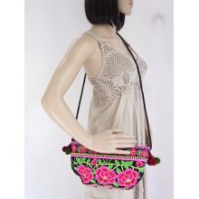 Three Flower-black Semicircle Cross-body Bag Handmade In Thailand Fair Trade