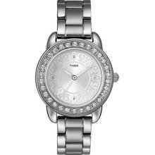 Timex Womens Style Crystal Accented Pattered Dial Stainless Steel Bracelet Watch