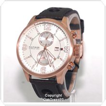 Tommy Hilfiger Mens Multi Function Rose Gold Tone Black Leather Watch 1790900