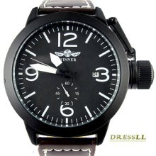 Trendy Mens Black Dial Brown Leather Band Automatic Mechanical Wrist Watch