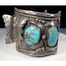 Tribal Bracelet Watch Cuff Sterling Turquoise Vintage Car-2727