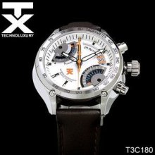 Tx T3c180 Men's Dual Time Brown Leather Strap Watch