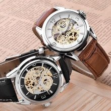 Unisex Fashion Pu Leather Skeleton Case Automatic Mechanical Analog Wrist Watch