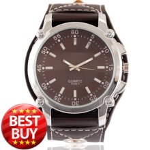 Unisex's Big Round Dial Brown Pu Leather Big Round Face-easy To Read