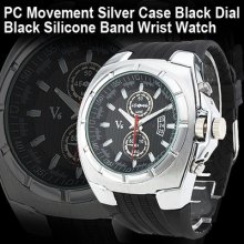 V6 Vogue Silver Case Black Band Sport Casual Cuff Men Wrist Watch Rubber Fashion